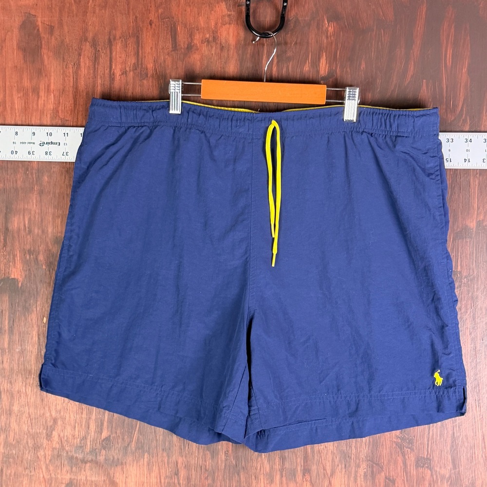 Polo Ralph Lauren Navy Blue Yellow Pony Mesh Lined Swim Trunks Shorts‎ Mens XL